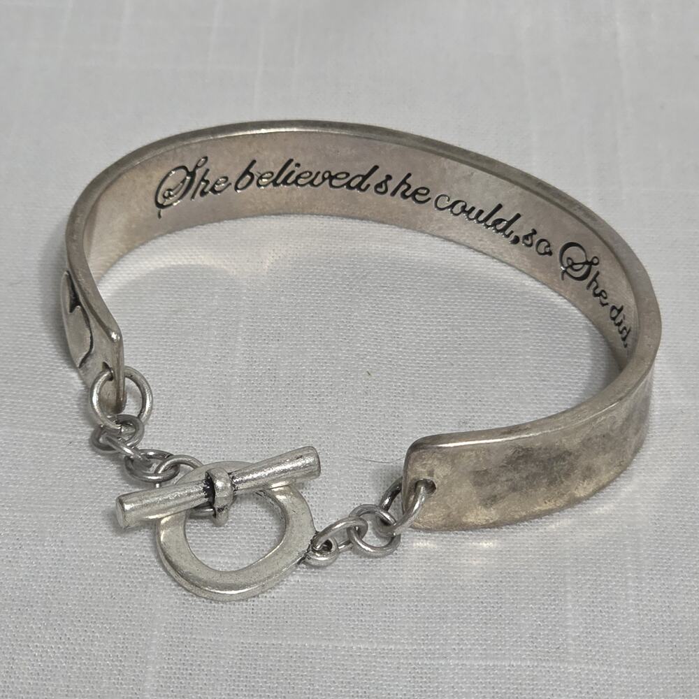 Premier Designs She Believed She Could So She Did Silver Tone Cuff Bracelet Hear